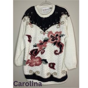 Carolina Colours Vintage Floral Knit Sweater White Black Pink Embroidered Retro